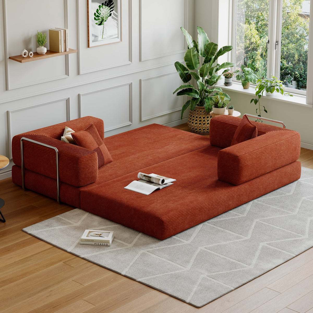 Convertible Sleeper Sofa Bed,Compressed Floor Boneless Couch,Modular Modern Corduroy Sofa for Living Room Bedroom -with Fixed-Shape Frame and Support Armrest,Easy Assembly(Green)