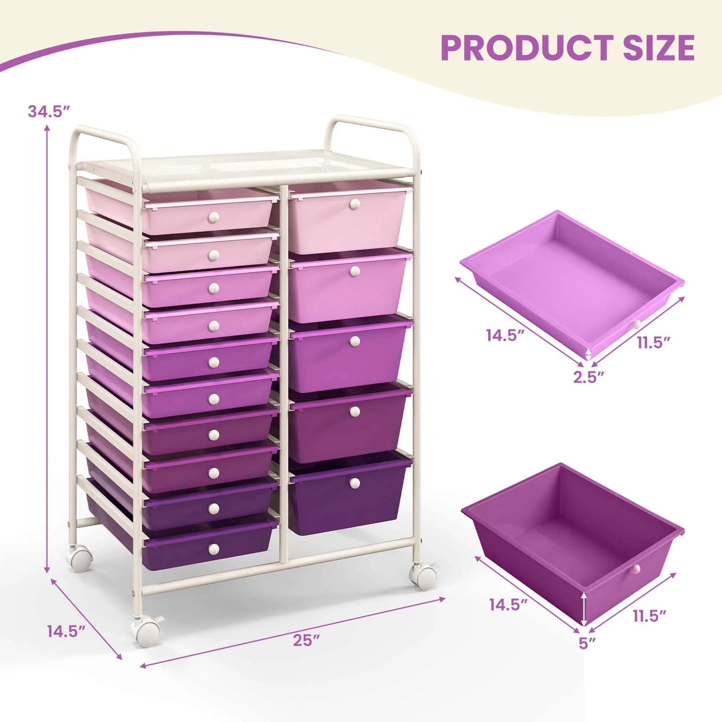 Costway 15 Drawer Rolling Storage Cart Tools Scrapbook Paper Office School Organizer White