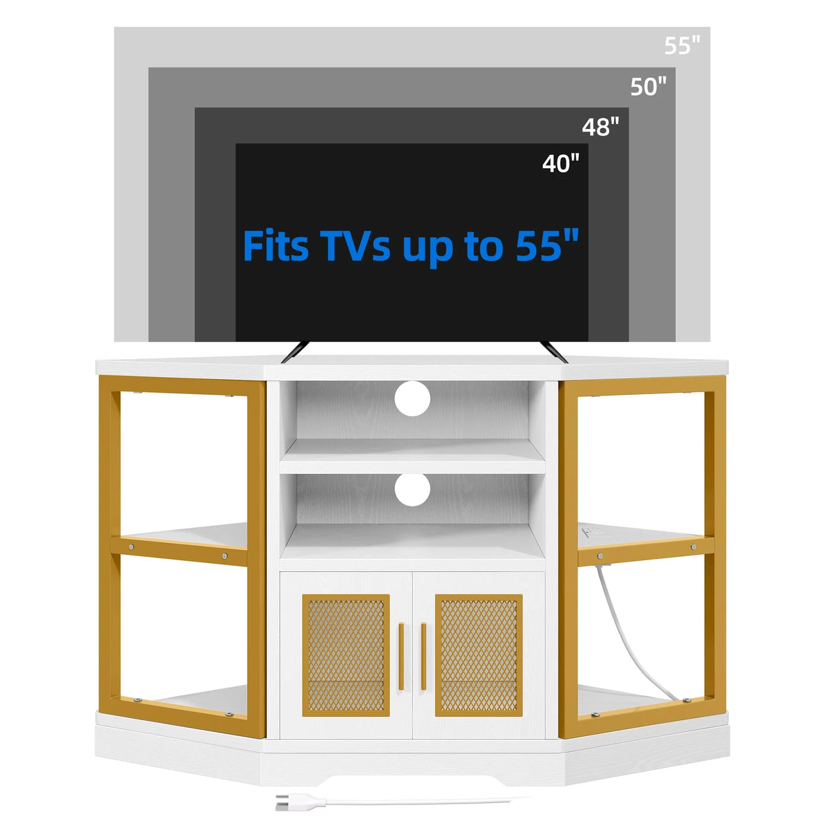 Dextrus Farmhouse Corner TV Stand for TVs up to 55 inch with Power Outlet, Wood Entertainment Center, TV Media Console with Storage, White Oak