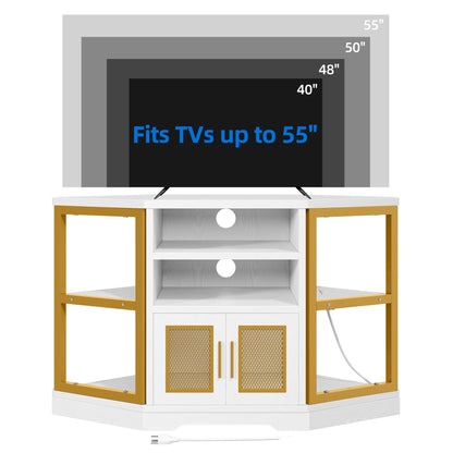 Dextrus Farmhouse Corner TV Stand for TVs up to 55 inch with Power Outlet, Wood Entertainment Center, TV Media Console with Storage, White Oak
