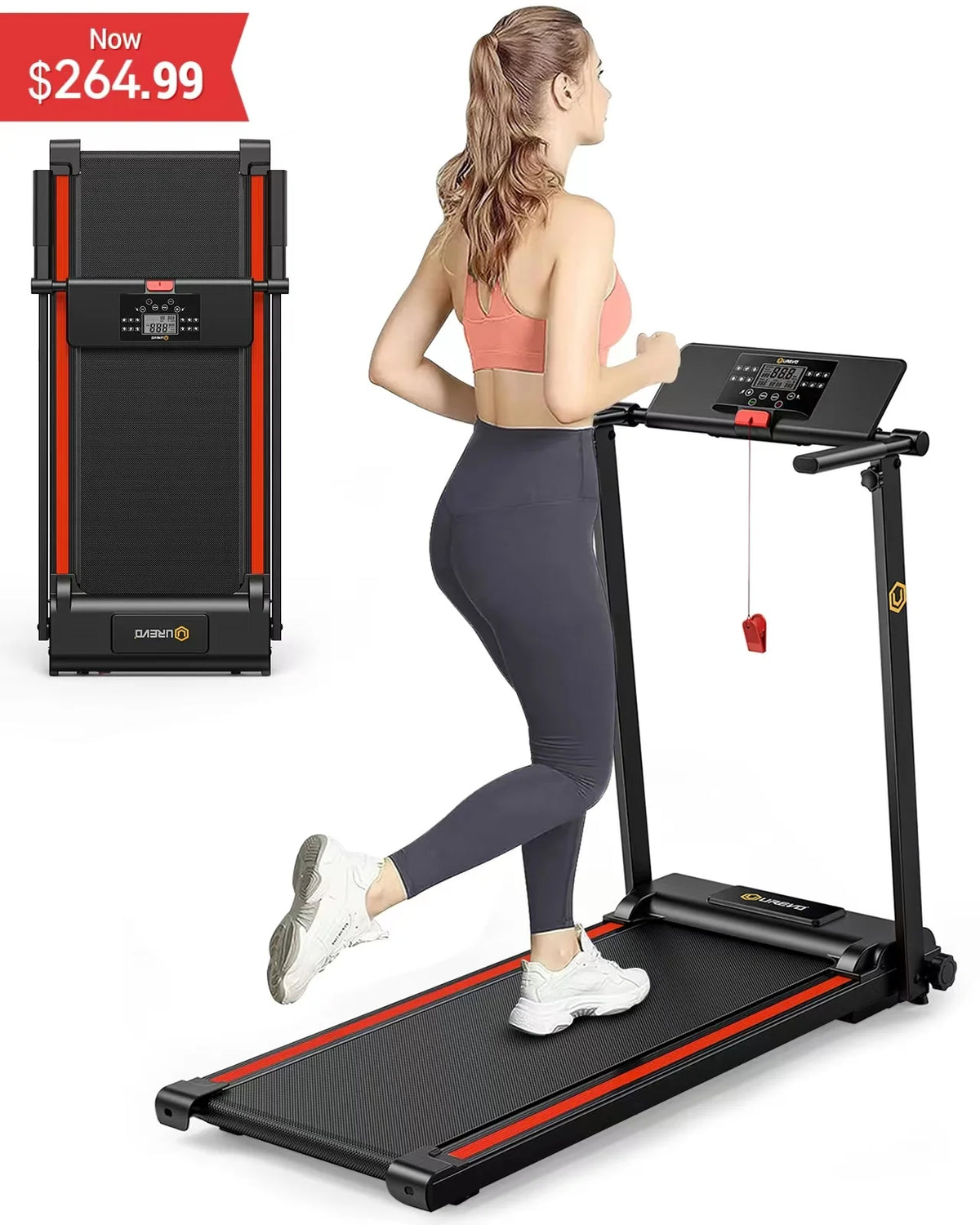 UREVO Folding Treadmill, 2.25HP Portable Mini Treadmills for Home Office, Compact Threadmill with 12 HIIT Modes, LCD Display, 265 lbs Capacity