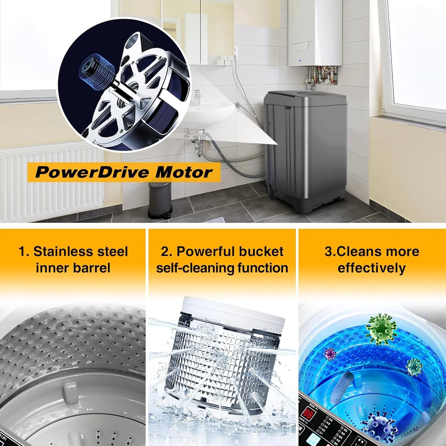 Kcpolre Portable Washing Machine, 25 lbs Full Automatic Washer with 10 Programs & 8 Water Levels, Top Load Clothes Washing Machines with LED Display for Home, Apartment, Grey