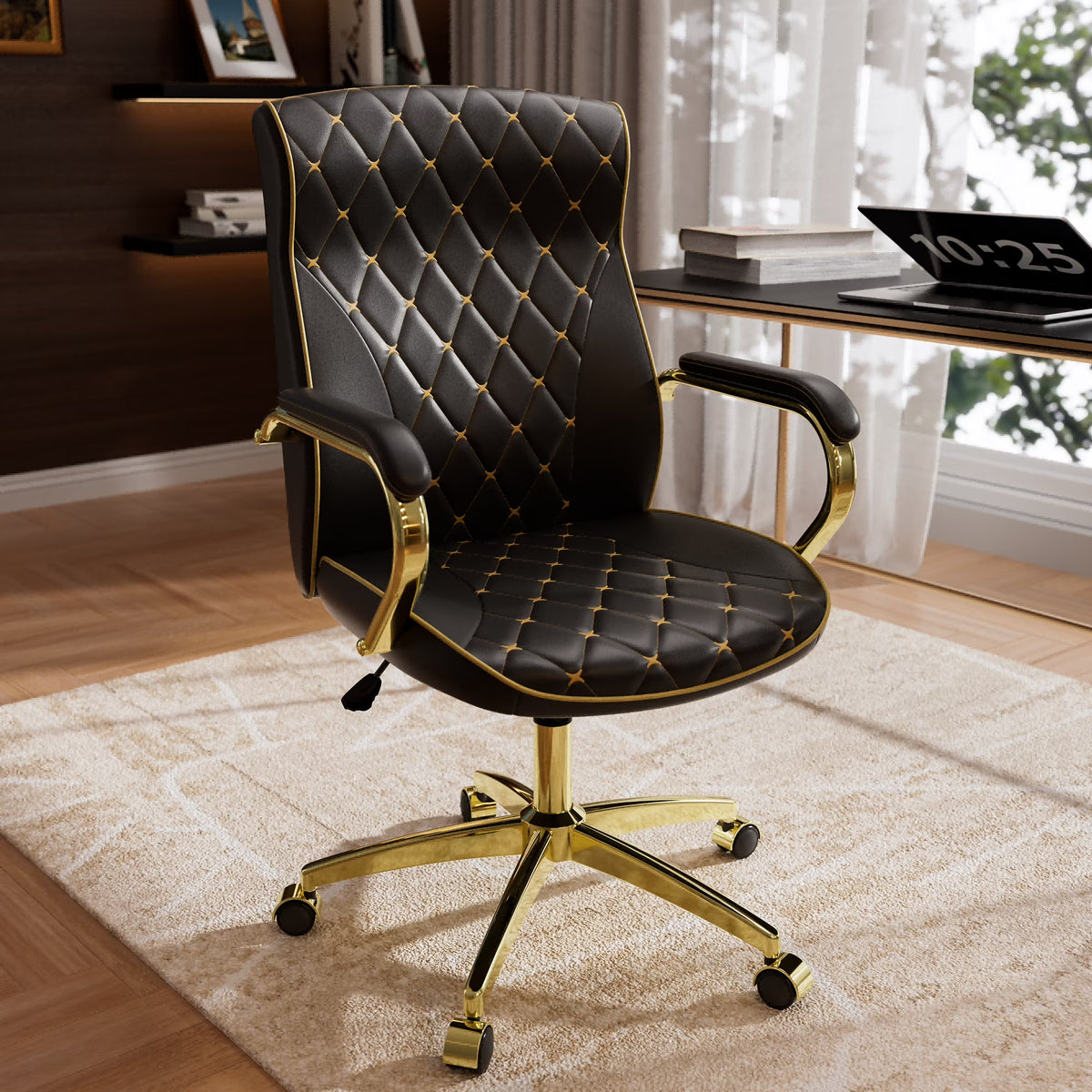 Ninecer White and Gold Office Chair with Soft Leather Embroidery, Mid Back Vintage Swivel Executive Desk Chair with Wheels and Padded Arms, Adjustable Height