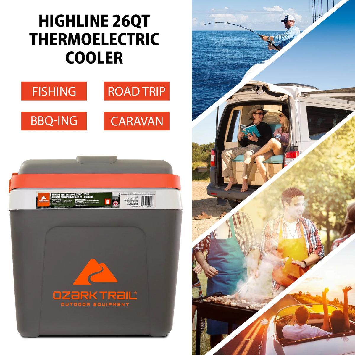Ozark Trail 26QT electric Cooler 12V Portable Travel Beach Camping Picnic Insulated Cooler 30 Cans Iceless 24L, Grey