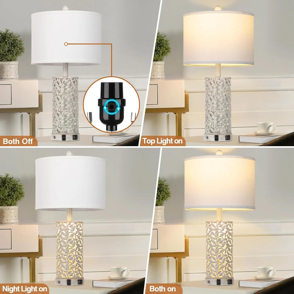 Cinkeda Table Lamp Set of 2 for Living Room Bedroom with USB Ports AC Outlet 3 Way Dimmable Touch Nightlight Farmhouse White Floral Nightstand Bedside Lamps