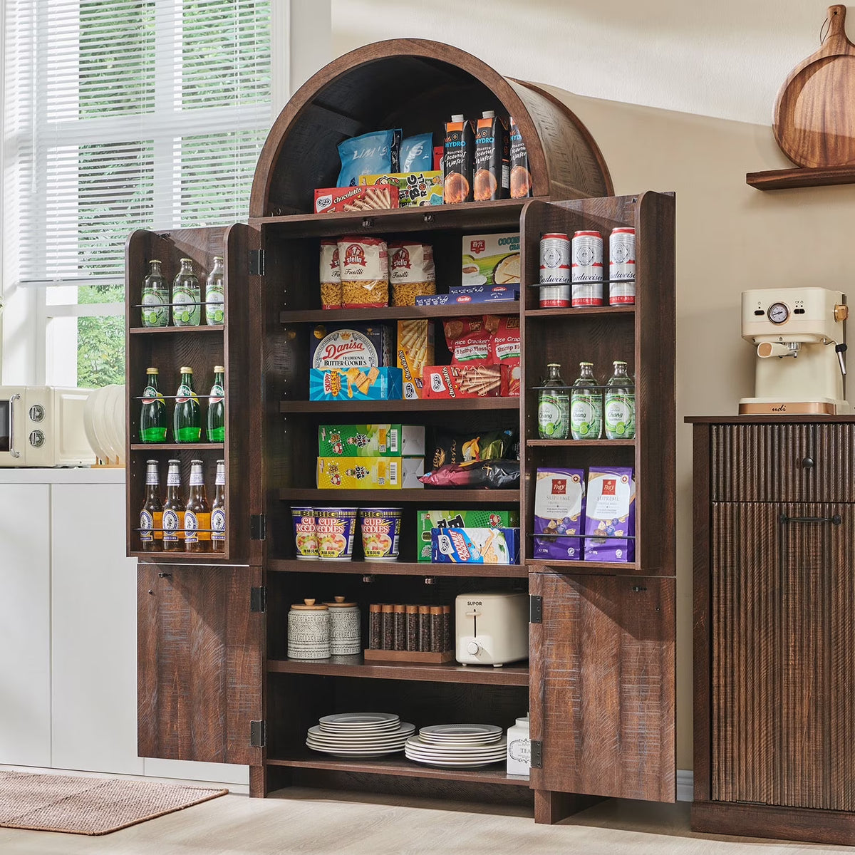 SinCiDo Arched Kitchen Pantry Storage Cabinet, 71-Inch Tall Wood Adjustable Shelves, 2 Doors, 2 Drawers