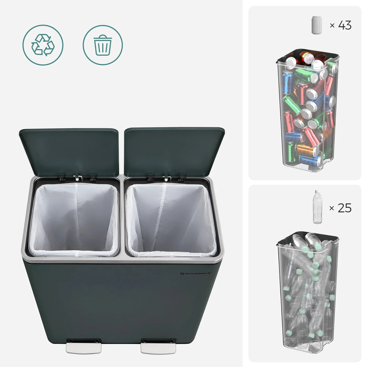 16 Gallon Dual Trash Can, Rubbish Bin and 15 Trash Bags, Metal, Almond Color