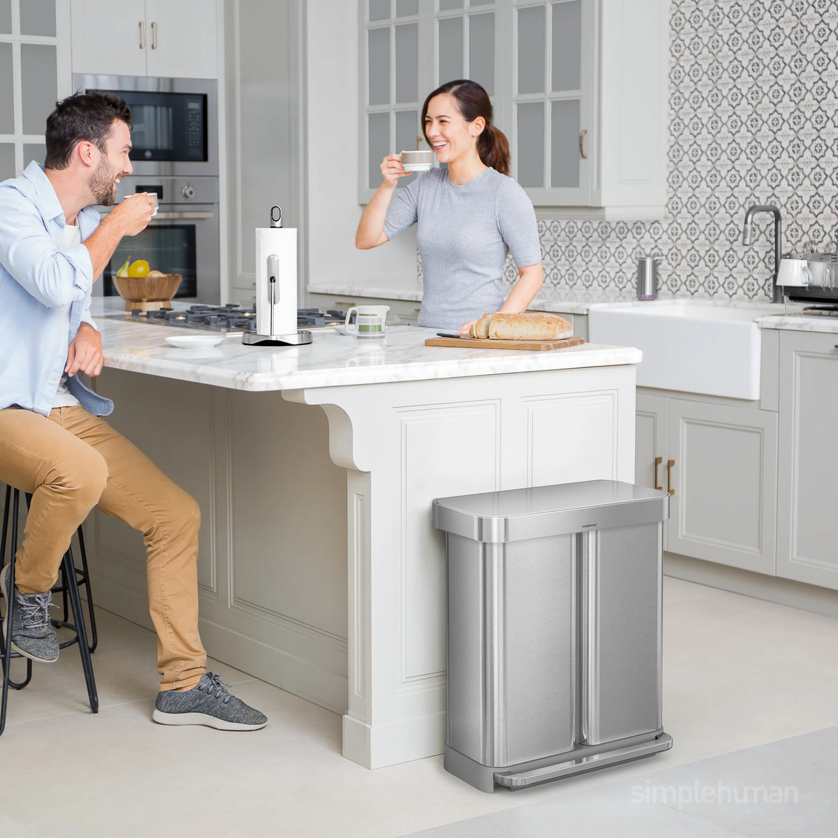 simplehuman 58 Liter / 15.3 Gallon Rectangular Dual Compartment Recycling Step, Brushed Stainless Steel with Soft-Close Plastic Lid Kitchen Trash Can
