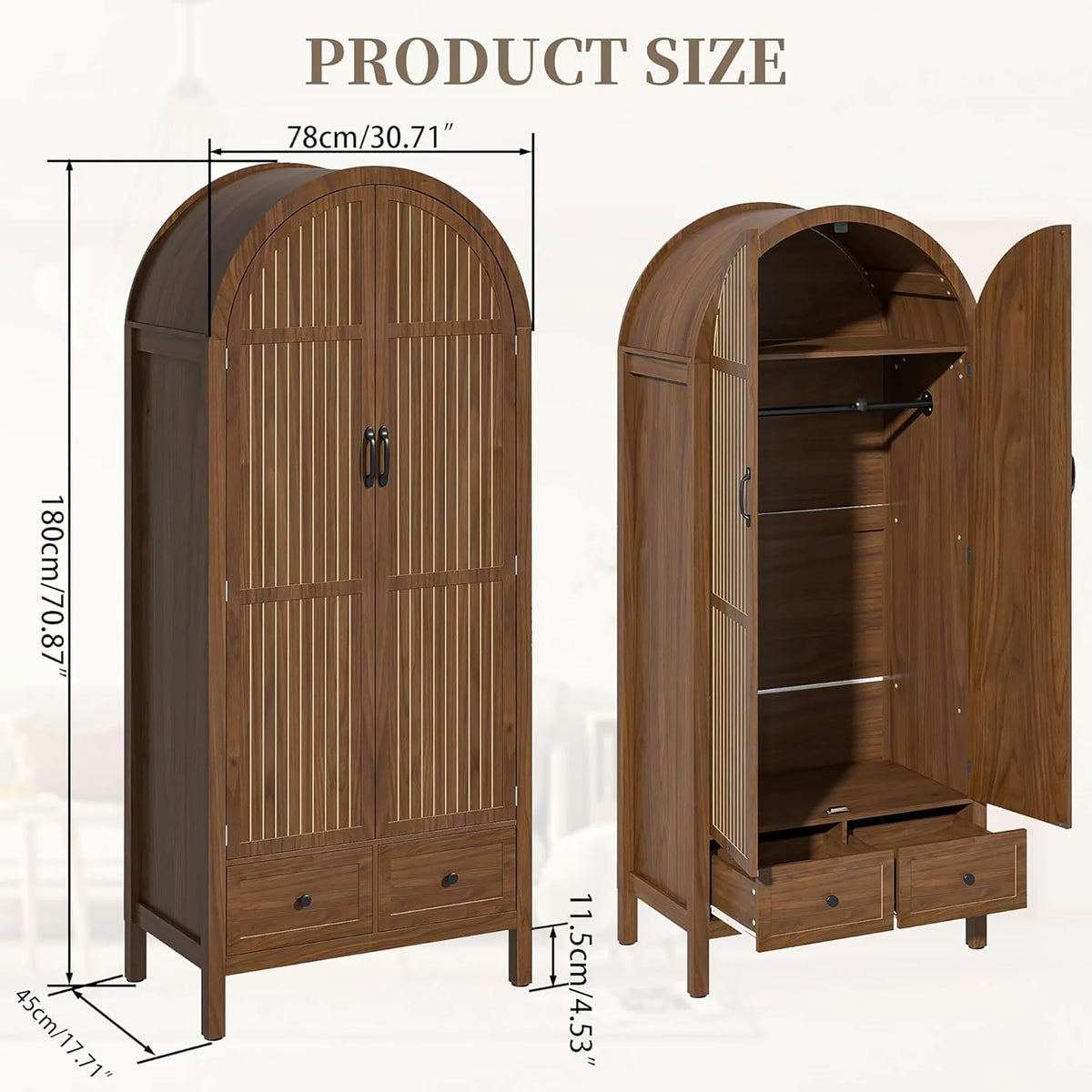 Oubayajia Arched Armoire Wardrobe Closet with Fluted Doors, Wooden Wardrobe Closet with Drawers, Shelves and Hanging Rod for Bedroom