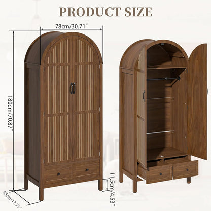 Oubayajia Arched Armoire Wardrobe Closet with Fluted Doors, Wooden Wardrobe Closet with Drawers, Shelves and Hanging Rod for Bedroom