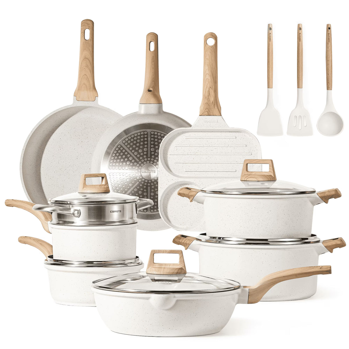 Carote Nonstick Cookware Sets, 24 Pcs Granite Non Stick Pots and Pans Set, Induction Cookware, White