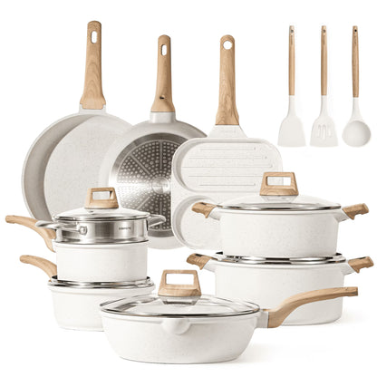 Carote Nonstick Cookware Sets, 24 Pcs Granite Non Stick Pots and Pans Set, Induction Cookware, White
