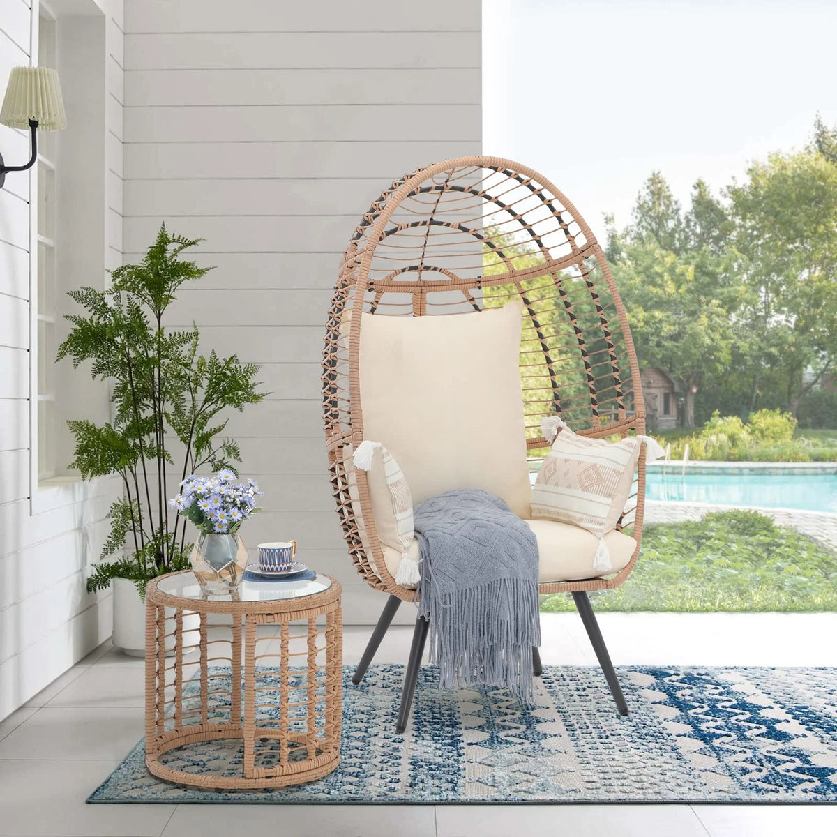 Indoor Outdoor Swing Egg Chair with Stand, Patio Foldable Grey Wicker Rattan Hanging Chair with Cushion, Light Gray