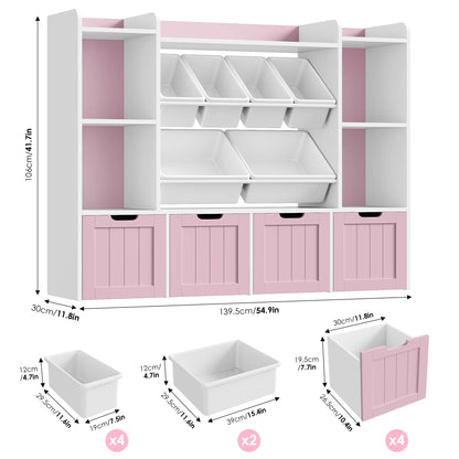 Hiphuta 3 Tier Kids Bookcase with Toy Storage Organizer, Wood Toy Organizer of 6 Boxes & 4 Removable Drawers, White