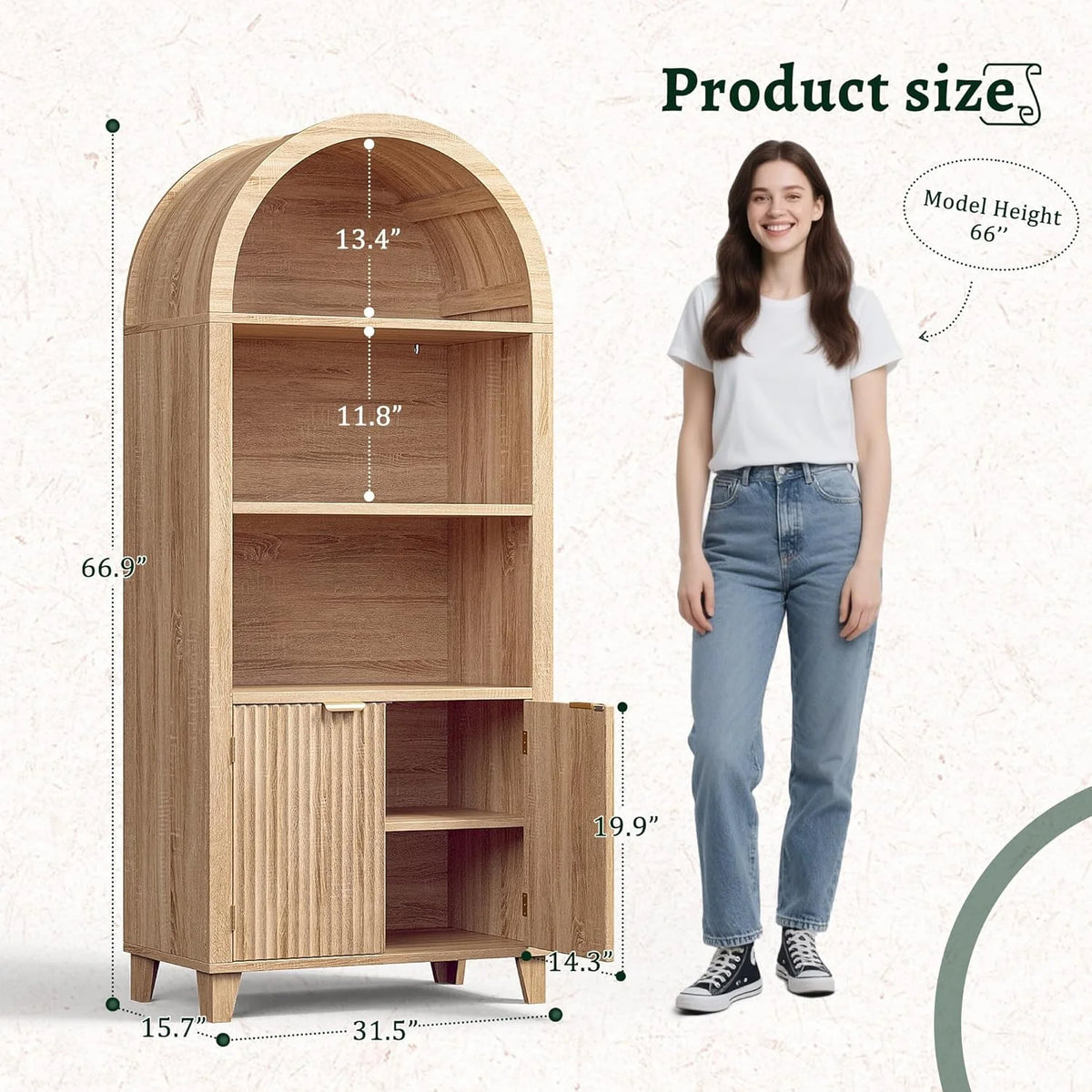 Bookshelf Arched Cabinet,5-Tier Arched Bookcase with Doors and Adjustable Shelves,Wooden Storage Cabinet with Open Display Shelf for Office,Living Room��Light Oak