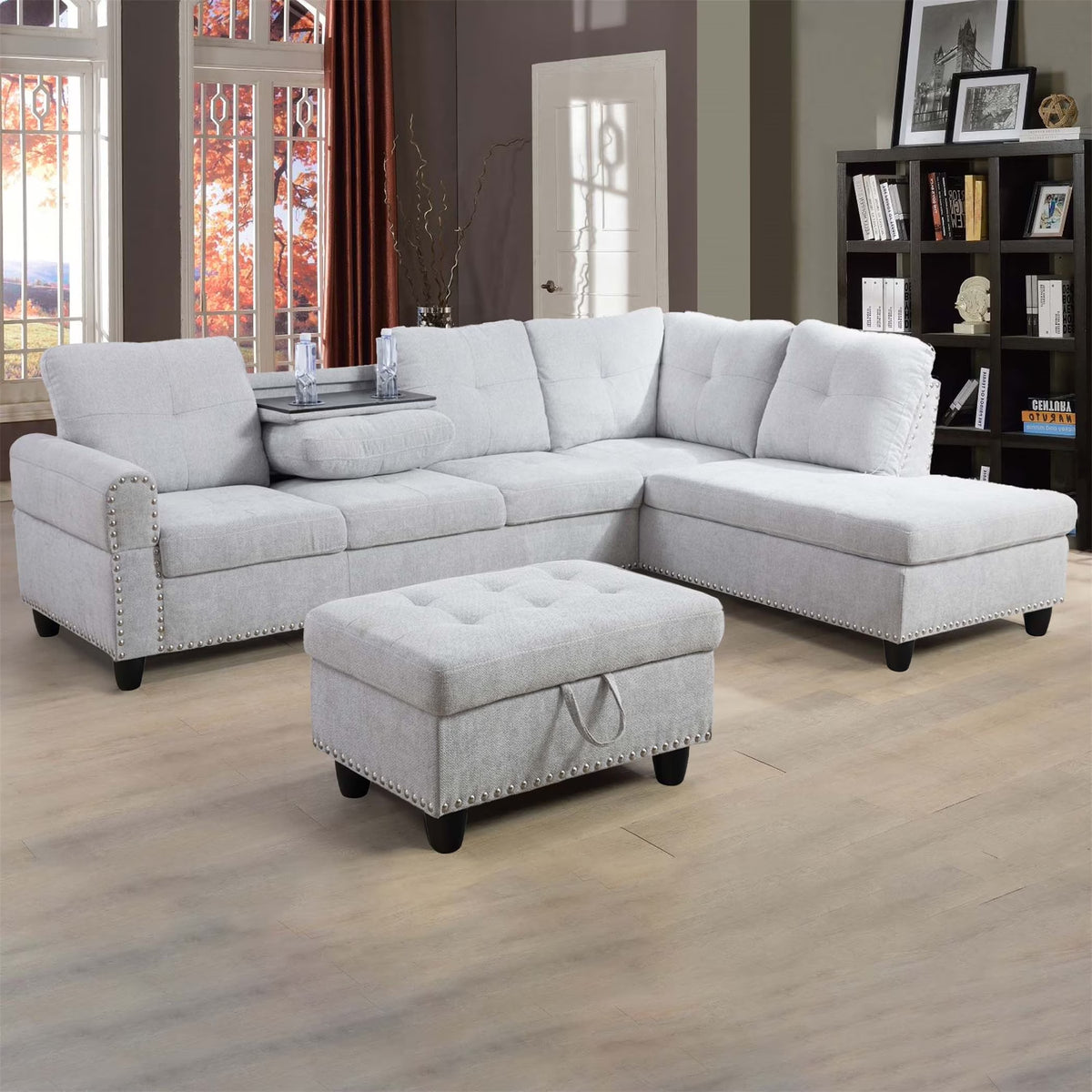 Aukfa 3 Piece Sectional Sofa, Living Room Couch with Storage Ottoman&Cup Holder, Linen, Right Hand, Purple