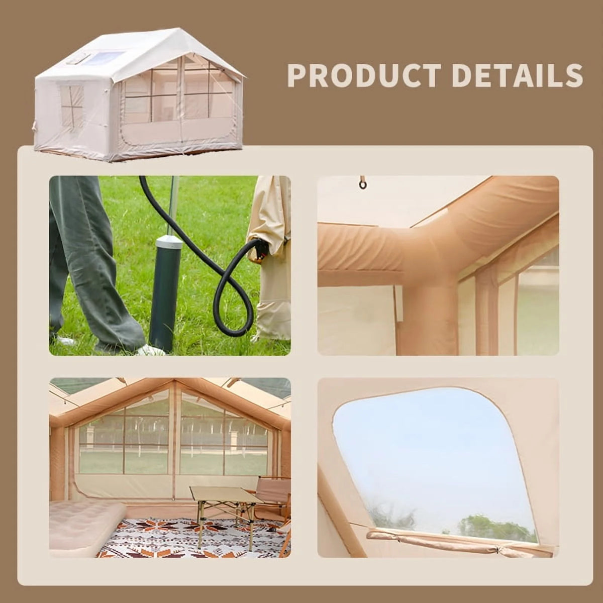 9.8' x 7' Inflatable Camping Tent,4 Season Blow up Tents for Camping, 4-6 Person Inflatable Tent with Stove Jack,Air Tents,Glamping Tent,Waterproof Luxury House with Mesh Window