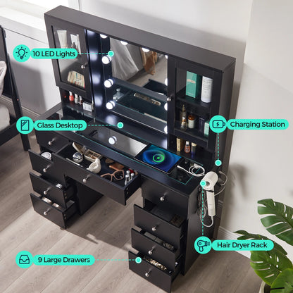 Linsy Home Large 47.2" Makeup Vanity With Mirror And 11 Lights, Glass Top Vanity Desk with 9 Drawers & 2 Adjustable Cabinets, Dressing Table with Charging Station & Hair Dryer Rack For Bedroom, White