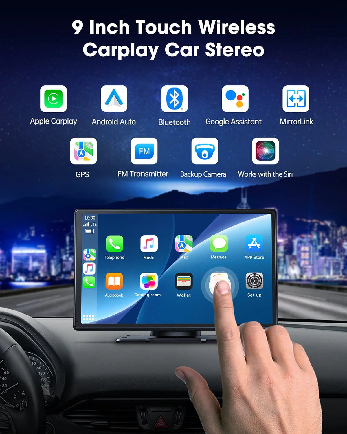 LAMTTO 9" Portable Inch Wireless Carplay Car Stereo with 2.5K Dash Cam, 1080p Backup Camera 64GB SD Card, Wireless Apple Carplay Car Radio Receive GPS Navigation , Bluetooth, Siri,AUX/FM