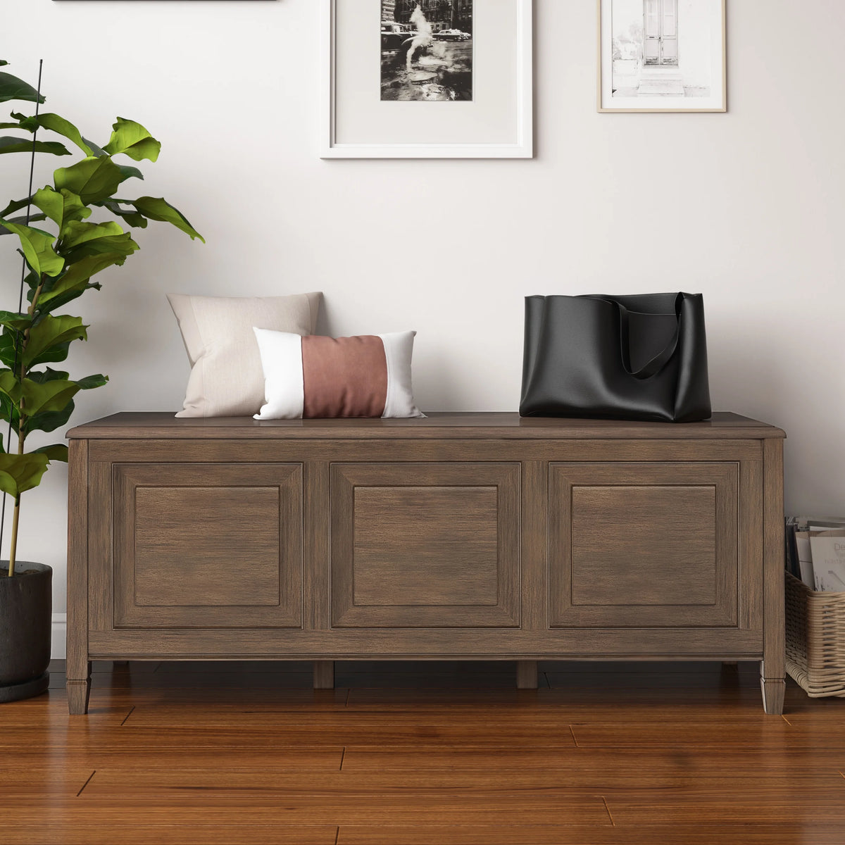 Simpli Home Connaught SOLID WOOD 51 inch Wide Traditional Storage Bench Trunk in Dark Chestnut Brown