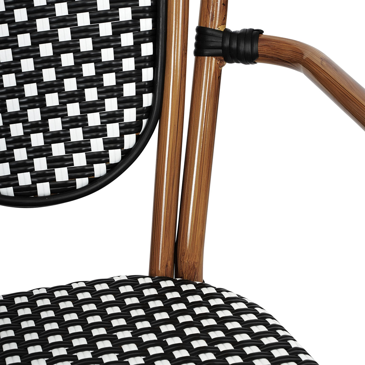 Merrick Lane Stacking Thonet French Bistro Style Chair with Arms, Black & White PE Rattan Seat, and Bamboo Finished Metal Frame for Indoor/Outdoor Use