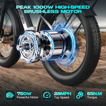 Gocio Electric Bike, 26"x4.0" Fat Tire E-Mountain Bike, Peak 1000W Motor, 28MPH 48V 15Ah Battery Removable Ebike for off Road, Sand, UL2849