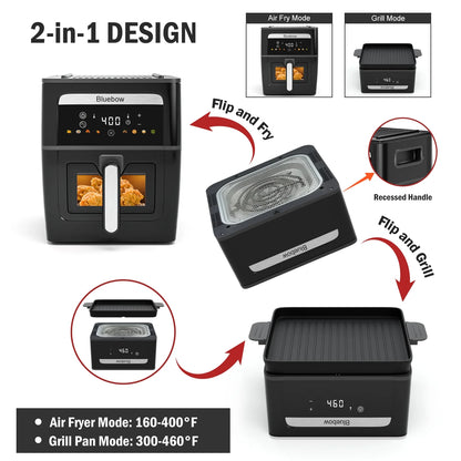 Bluebow 9QT  Air Fryer & Grill Pan Combo, Large Capacity, 8 Preset Functions, Non Toxic, Non-Stick, View Window, Black