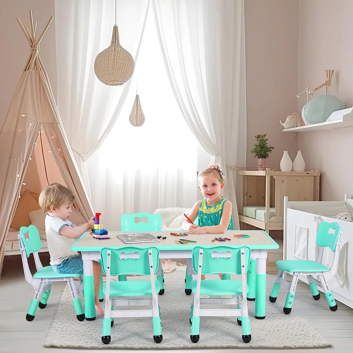 Arlopu Adjustable Kids Table and 6 Chairs Set, Toddler Play Activity Table Set with Graffiti Tabletop, Preschool Kids Furniture Table Set for Reading, Drawing, Eating