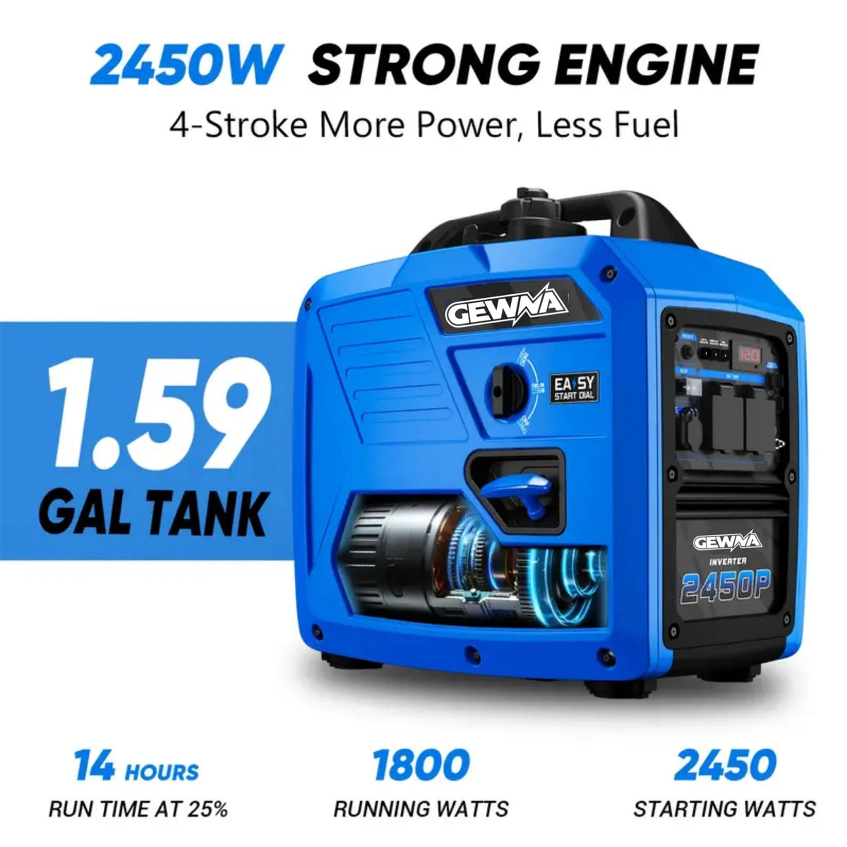 2450-Watt 120V Gas Powered Portable Fuel Inverter Generator Included 1.6 Gallon Large Fuel Tank Super Quiet