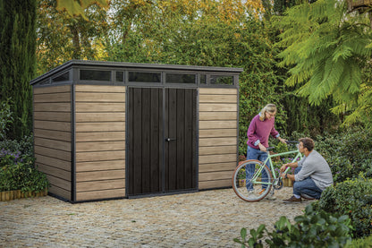 Keter Signature 11x7 ft. Durable Resin Outdoor Storage Shed With Heavy Duty Floor and Locking Door, Walnut