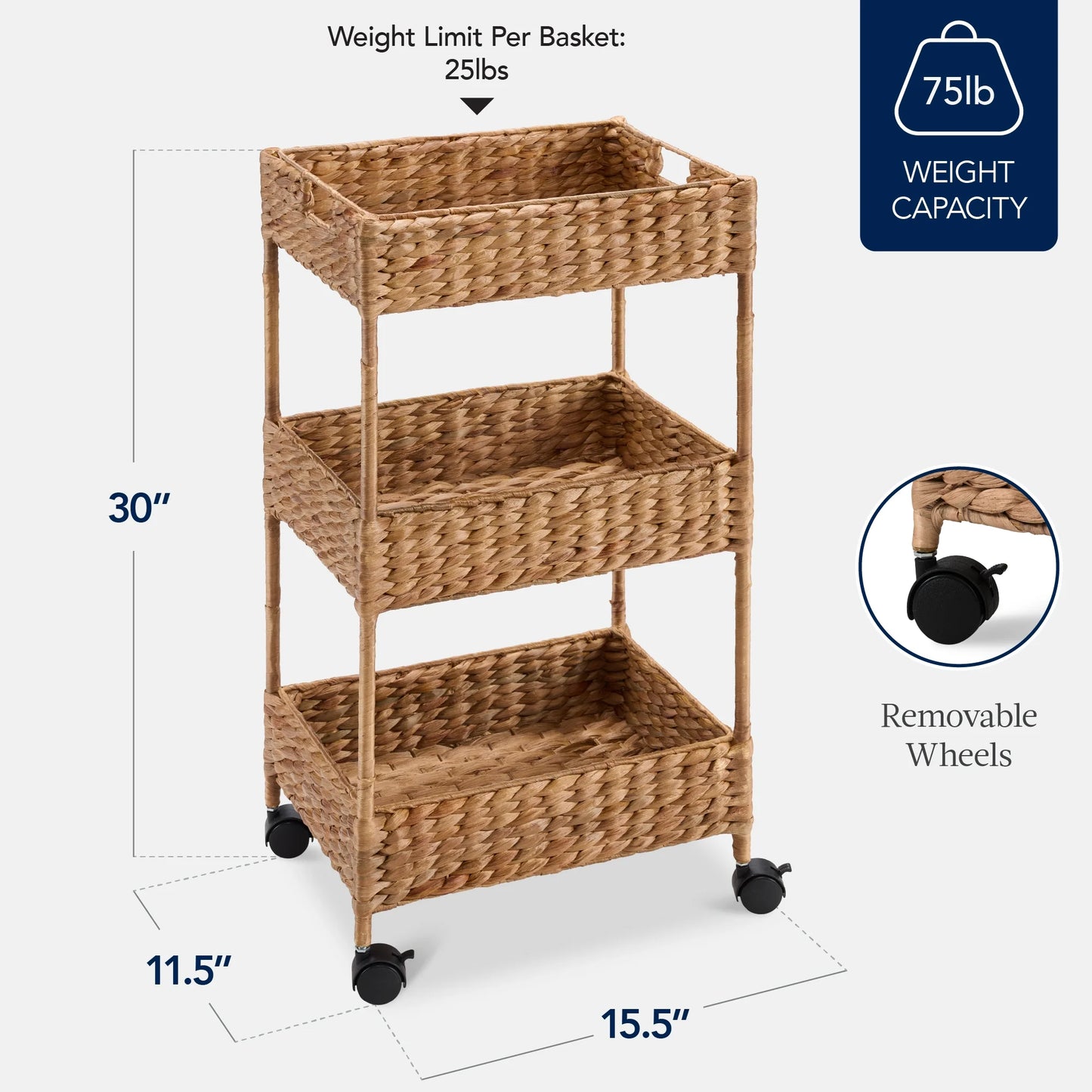 Best Choice Products 3-Tier Water Hyacinth Rolling Nursery Caddy w/ Wheels, Utility Cart, Storage Organization - Natural