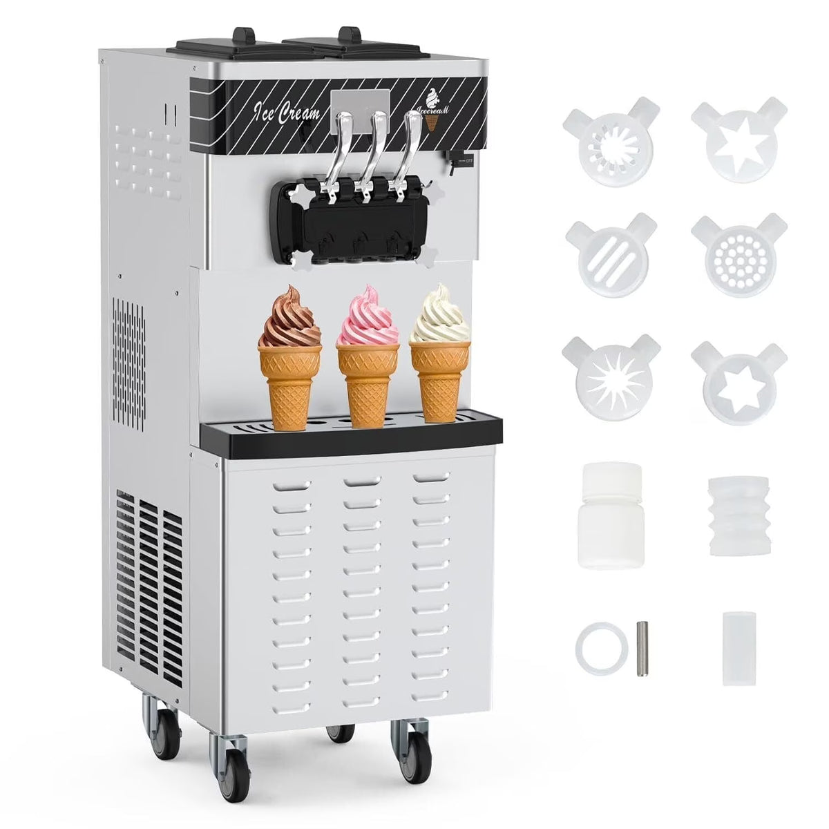 Garvee Commercial Ice Cream Machine 3-Flavor Floor Soft Serve Yogurt Maker 5.8-8Gal/H Yield With 2*7L Hoppers & 2*1.8L Cylinders