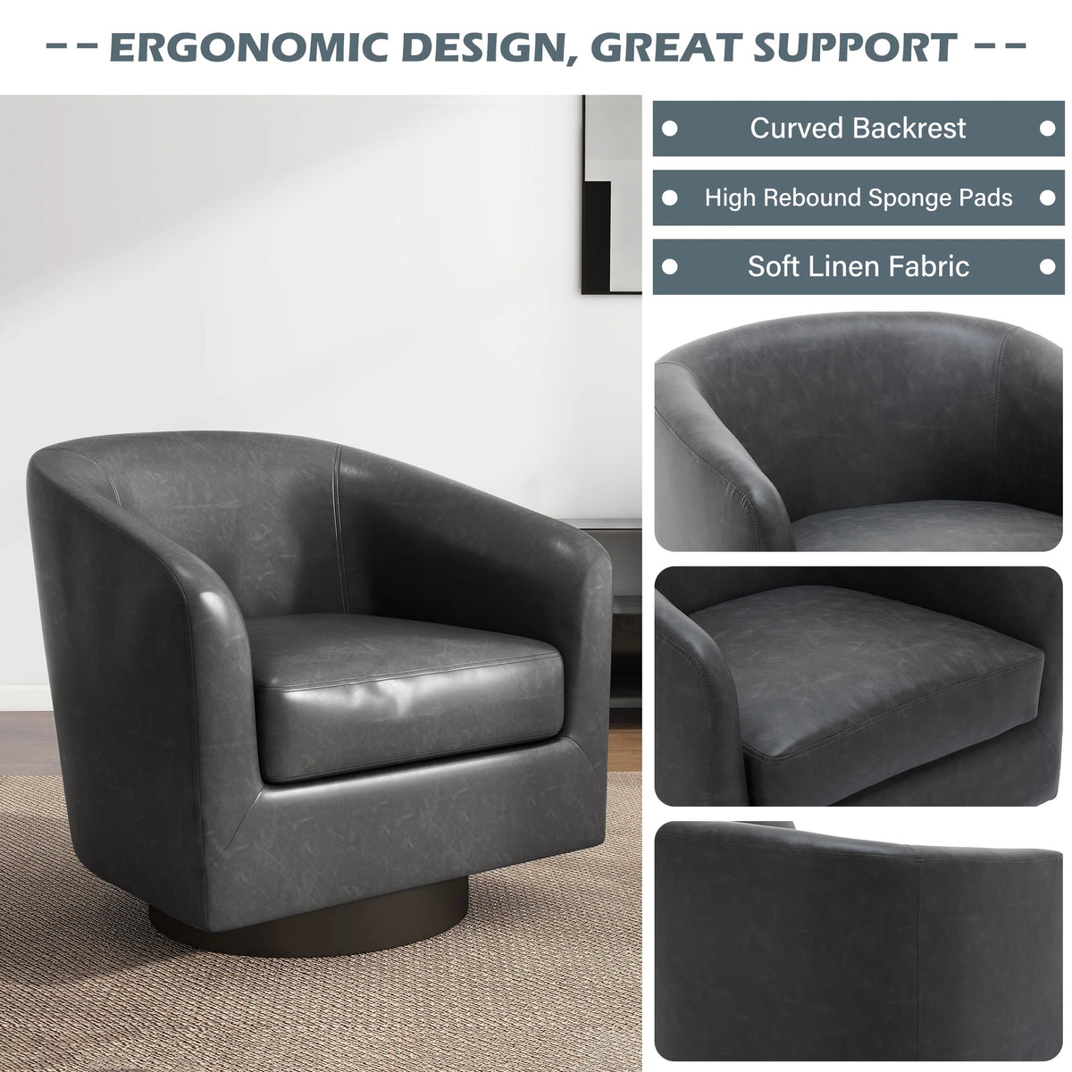 UIXE Swivel Accent Chair, Upholstered Fabric Barrel Chair for Living Room, Small Single Sofa Bedroom Reading Seat, Light Gray