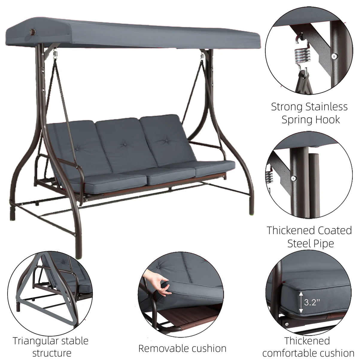 Arlopu 3 Person Porch Swing Outdoor Converting Canopy Swing Glider with Canopy