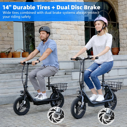 SANOPY 350W Electric Scooter with Seat for Adults, 15 Miles Range 20 Mph, 36V 5.2Ah Battery Moped, 14" Big Tire Commuter Electric Bike with Shock Absorbing, Black