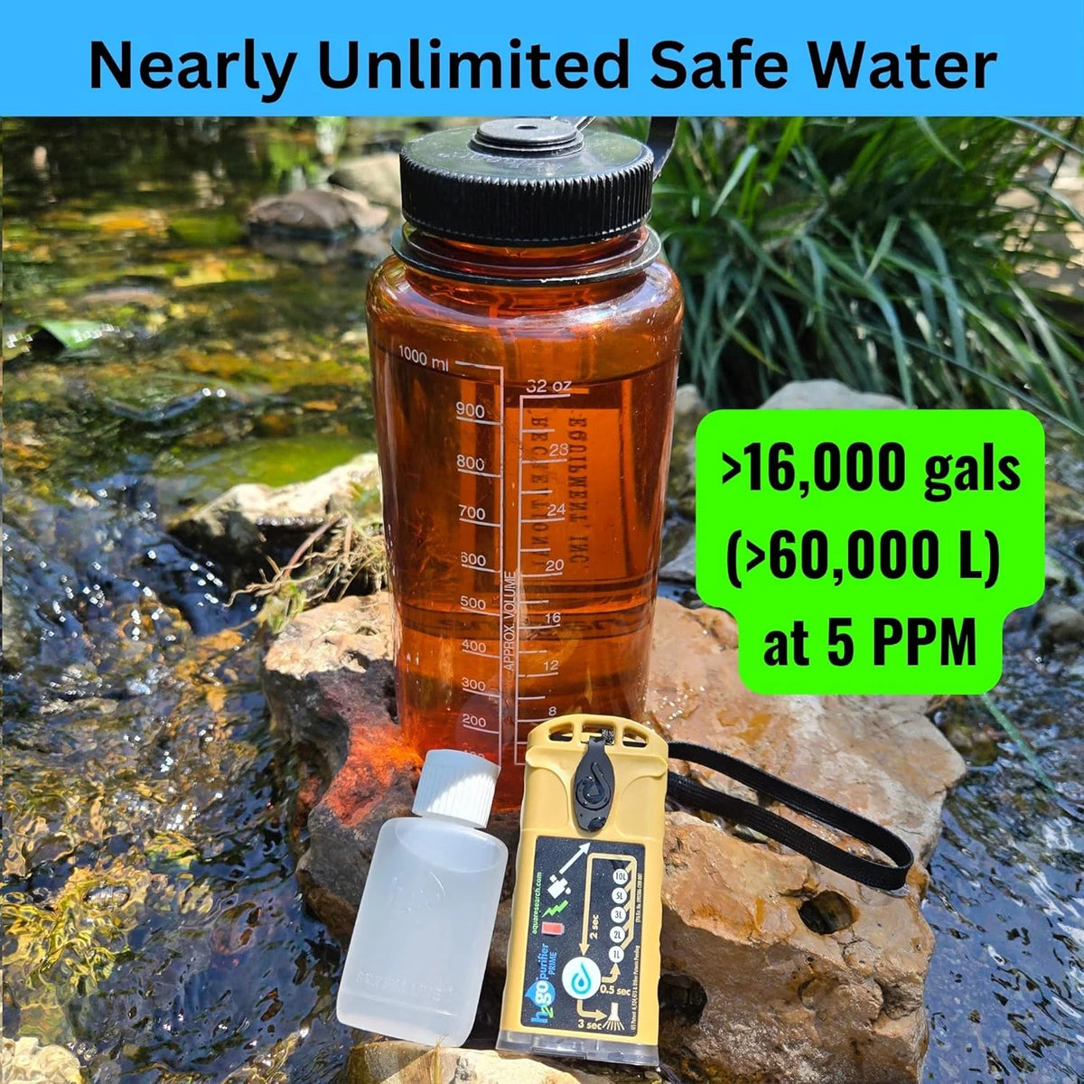 H2gO Prime Survival Water Purifier, 5 mg/L, Camping Water Purifier, Tactical Survival Gear, Emergency Water Filtration. Hiking Gear Essential with Virtually Unlimited Purification.