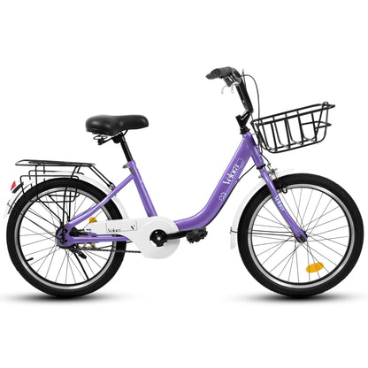 20 Inch Kids Bike for Boys Girls, 1 Speed Children Bicycle with Basket, Rear Seat, Chain Guard, Coaster Brake and V-Brake, Steel Frame Kids Bike for Ages 6-12 Years Old Birthday Gift, Purple