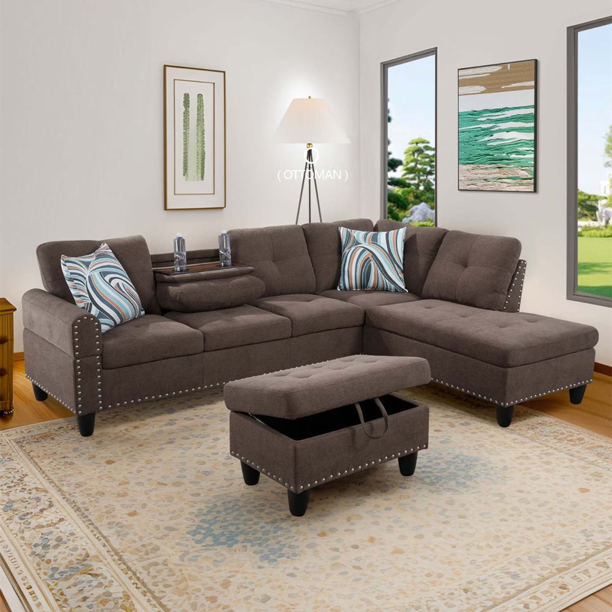 Aukfa 3 Piece Sectional Sofa, Living Room Couch with Storage Ottoman&Cup Holder, Linen, Right Hand, Purple