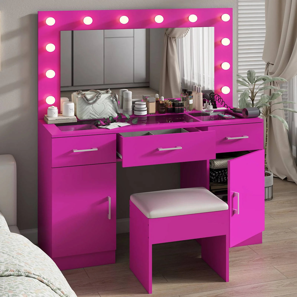 Ktaxon Large Makeup Vanity, Vanity Table Set w/ Visible Glass Top w/ Charging Station, White