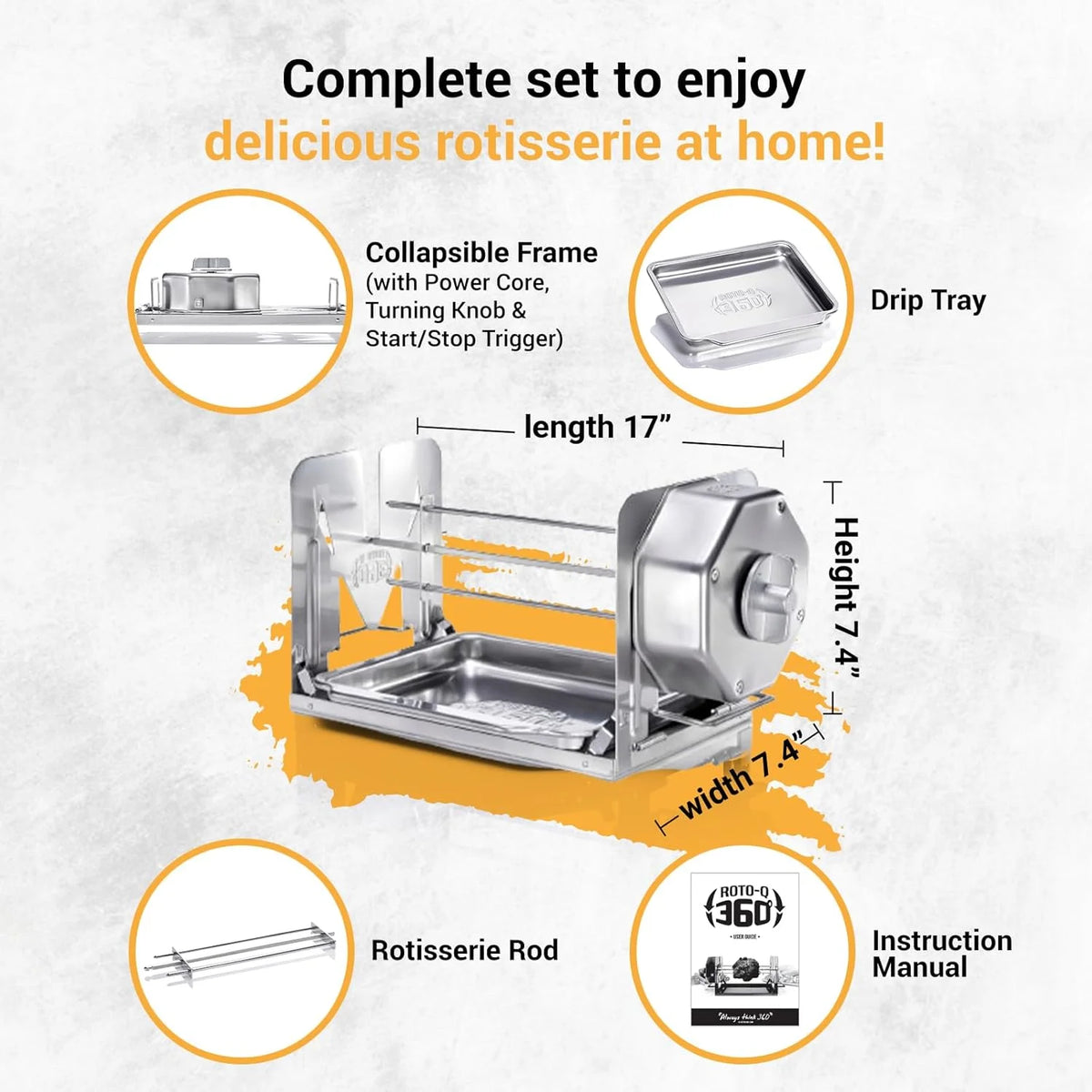 ROTO-Q 360 Cordless Stainless Steel Rotisserie Kit - Non-Electric for Grills, Ovens, BBQ, Smokers - Indoor/Outdoor