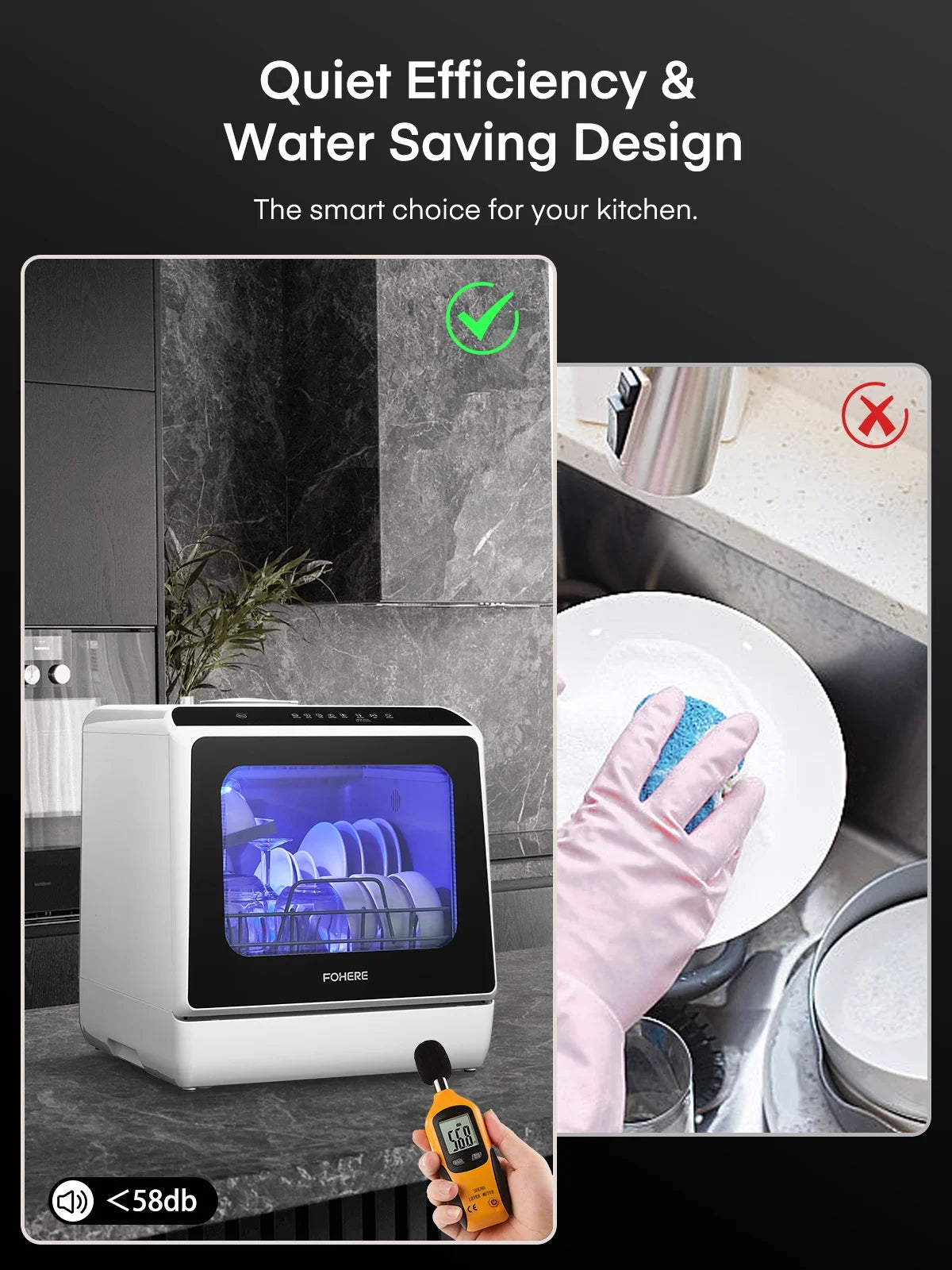 FOHERE Countertop Dishwasher with 6H Delay Cleaning, Portable Dishwasher w/5L Built-in Water Tank, 6 Programs, 360��Dual Spray, High-Temp