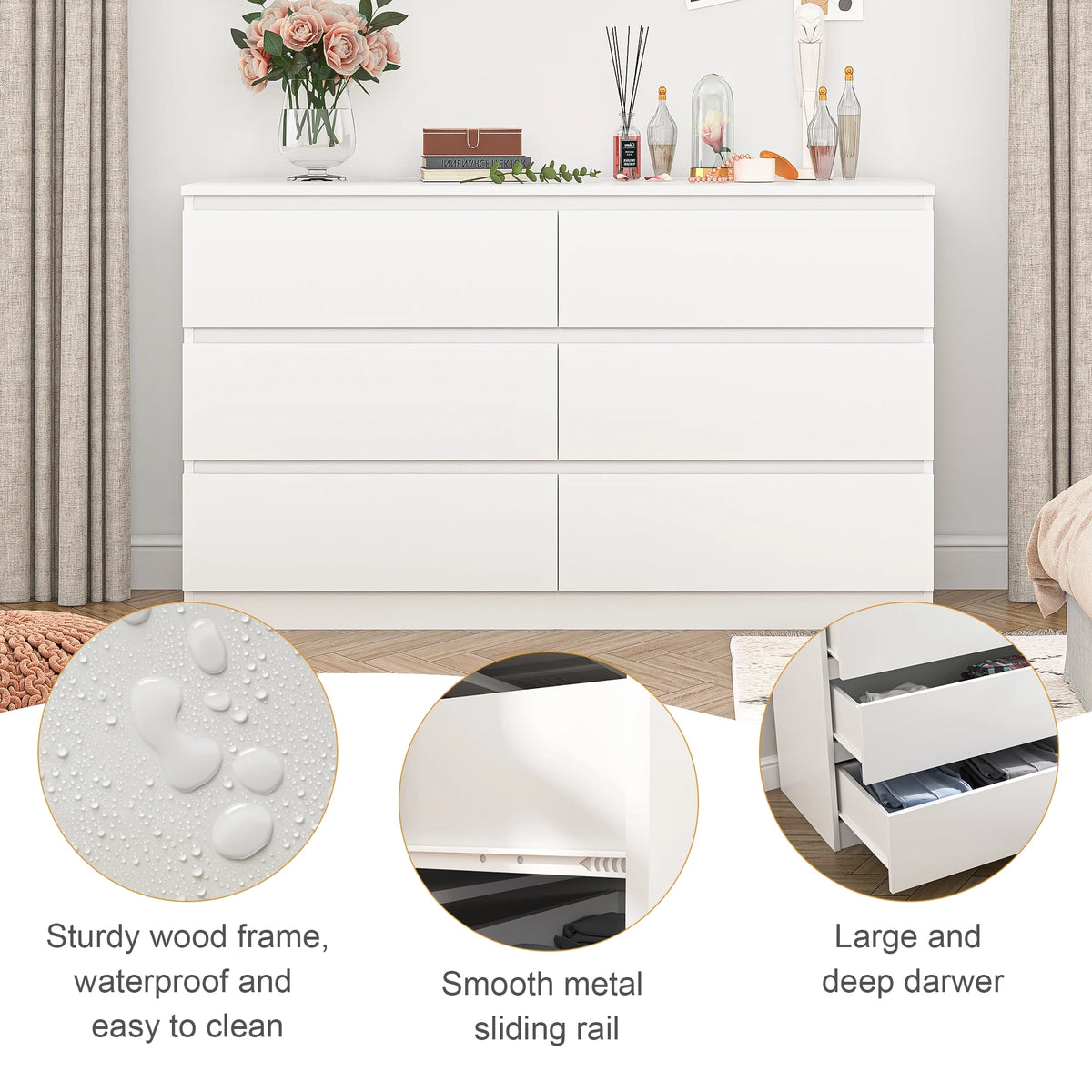 Resenkos Modern Mid Century 6 Drawer Wide Dressers Chests for Bedroom, Chest of Drawer Organizer Grey