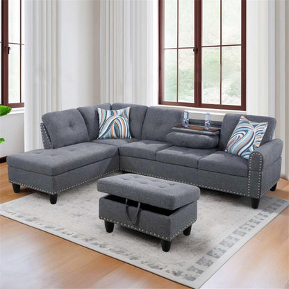 Aukfa 3 Piece Sectional Sofa, Living Room Couch with Storage Ottoman&Cup Holder, Linen, Right Hand, Purple