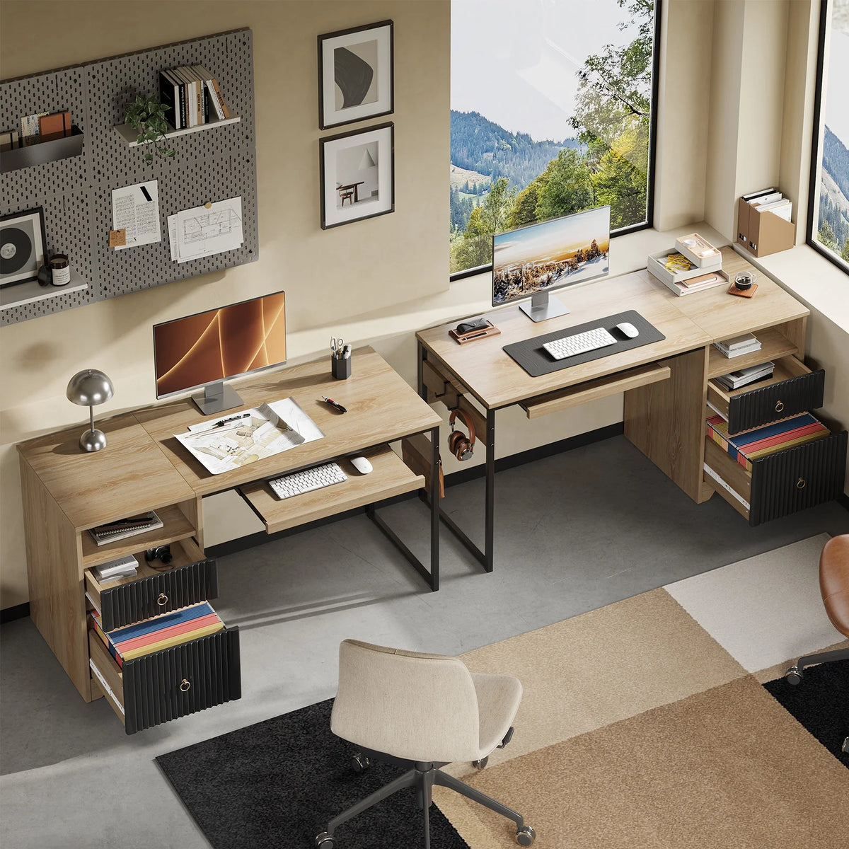 Bestier 55 Inch Office Desk with Drawers, Keyboard Tray, 2 Hooks, Modern Fluted Computer Desk for Home, Grey