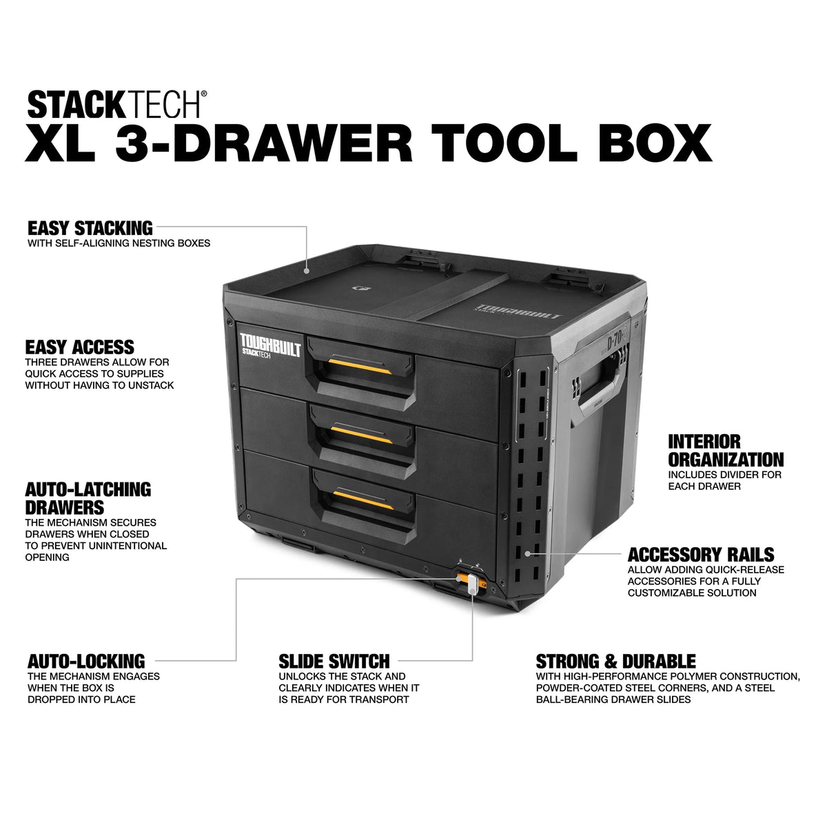 ToughBuilt StackTech 1 Drawer Toolbox, Heavy-Duty Stackable Tools Storage, 50 lb Capacity