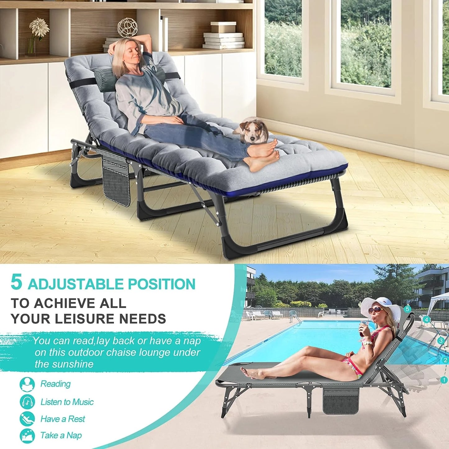 Slsy Folding Lounge Chair, 5-Position Adjustable Outdoor Reclining Chair, Folding Sleeping Bed Cot, Folding Chaise Lounge Chair for Pool Beach Patio Sunbathing