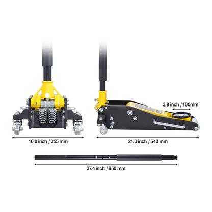 KFFKFF Low Profile Floor Jack, 2 Ton Capacity, Dual Piston Fast Pump, Hydraulic Auto Jack, 3.2"-14.6" Lift Range, Robust for Racing & Heavy Duty Use (Yellow)