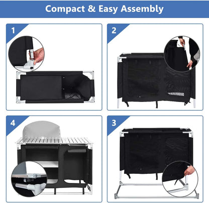 Portable Camping Kitchen Table, Camping Grill Table w/Windscreen & Storage Organizer, Outdoor Kitchen Cook Station with Basin for BBQ, Party, Picnics, Backyards, BBQ Table