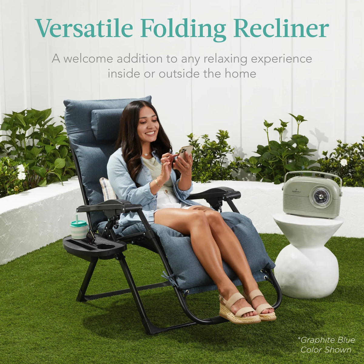 Best Choice Products Oversized Zero Gravity Chair, Folding Recliner w/ Removable Cushion, Side Tray - Fossil Gray