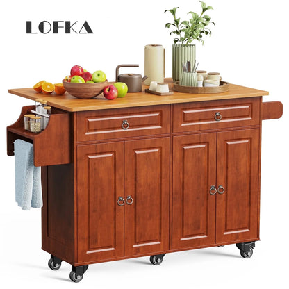 Lofka 52-Inch Kitchen Island with Storage on Wheels with Wood Drop Leaf, Ideal for Small Kitchens